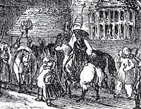 An engraving of mummers from The Penny Magazine, 1845, which is probably an impression of a description of mumming in 1377 in Kennington.