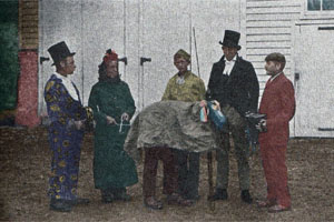 Colourised black and white photograph of Hoodeners at Sarre, Kent