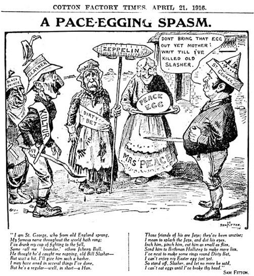 A Great War cartoon of Pace-Egging from The Cotton Factory Times nicely combines two of Eddie Cass's major research interests.